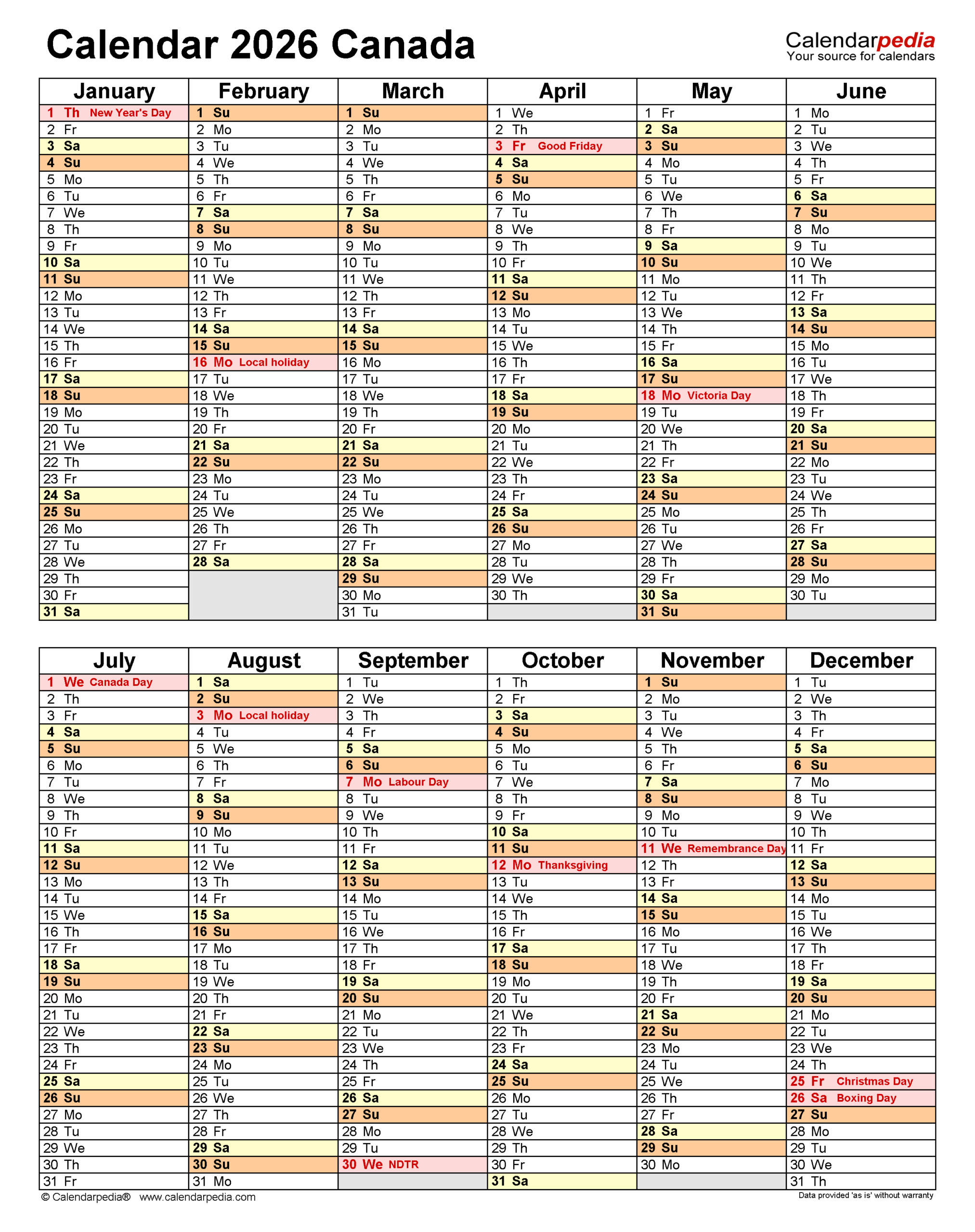 Canada Calendar 2026 Free Printable PDF Templates