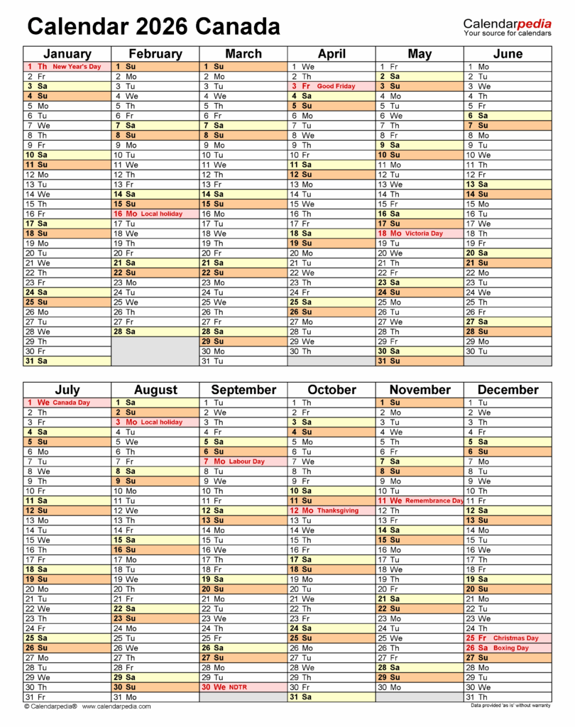 Canada Calendar 2026 Free Printable PDF Templates
