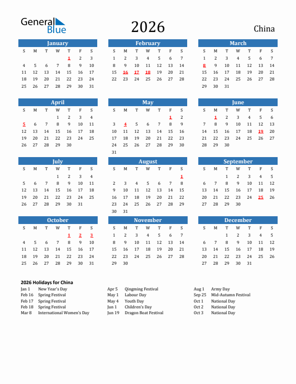 China 2026 Calendar With Holidays