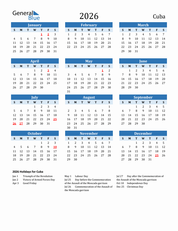 Cuba 2026 Calendar With Holidays