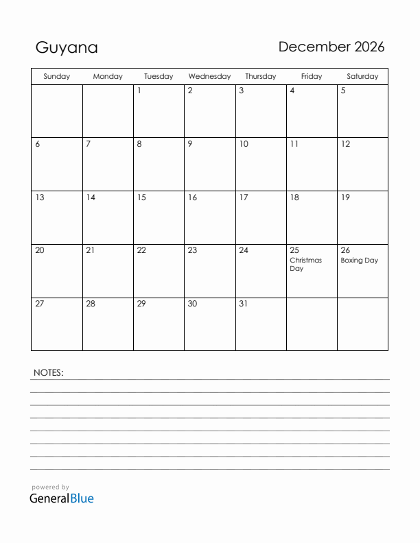 December 2026 Guyana Calendar With Holidays