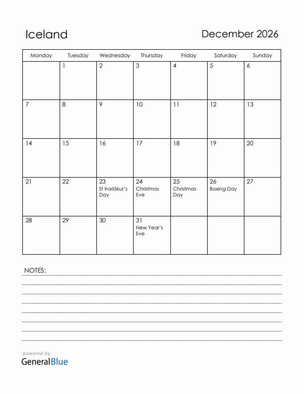 December 2026 Iceland Calendar With Holidays