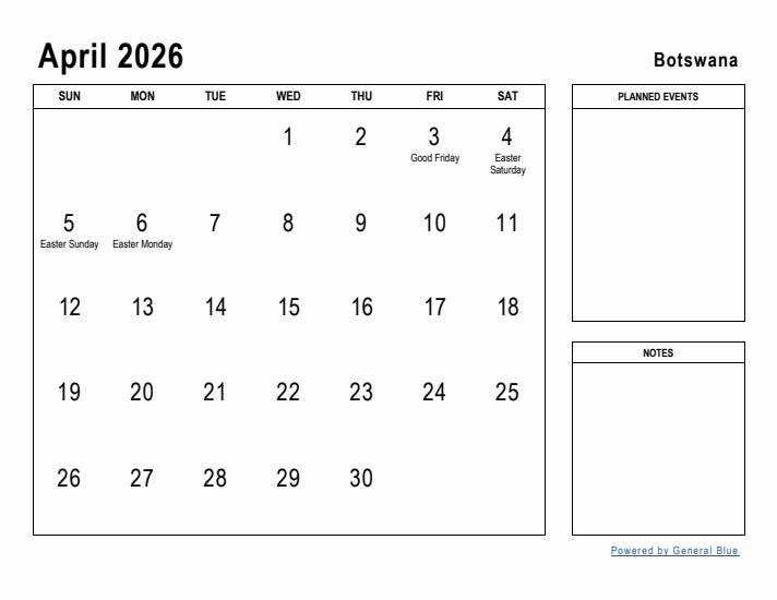 Editable April 2026 Calendar With Botswana Holidays