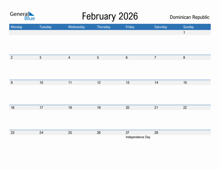 Editable February 2026 Calendar With Dominican Republic Holidays
