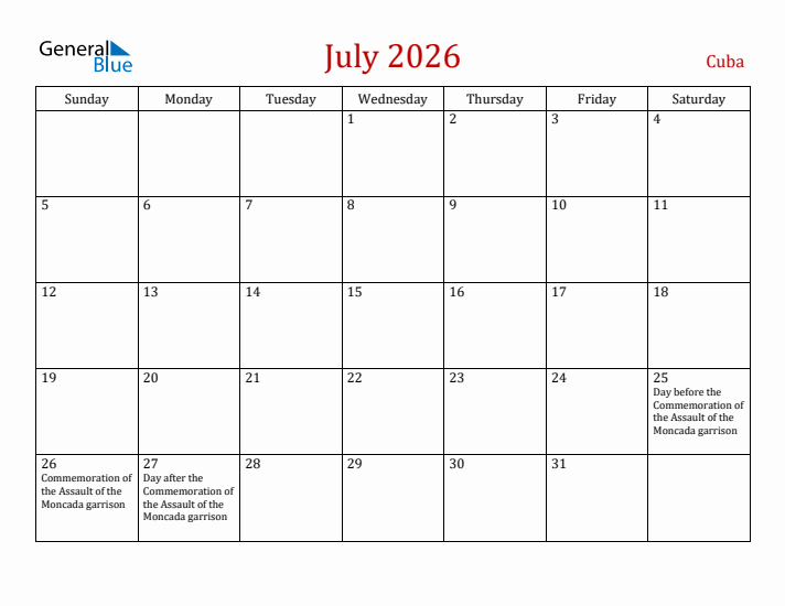 Editable July 2026 Calendar With Cuba Holidays