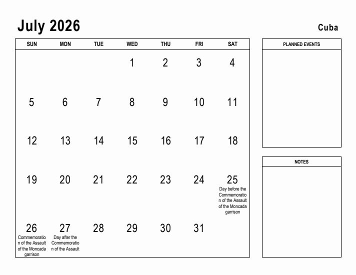 Editable July 2026 Calendar With Cuba Holidays