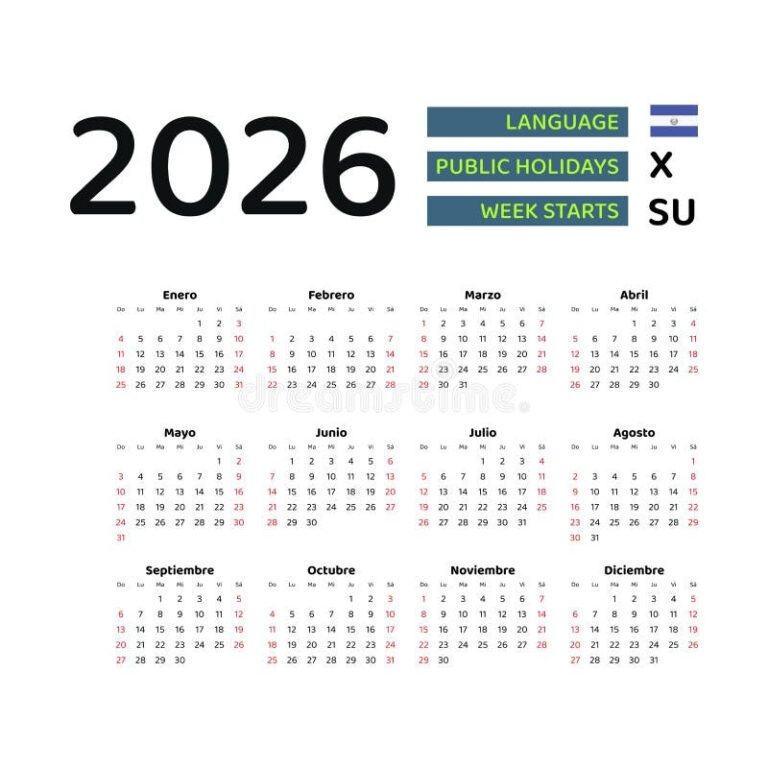 El Salvador Calendar 2026 Week Starts From Sunday Vector Graphic 