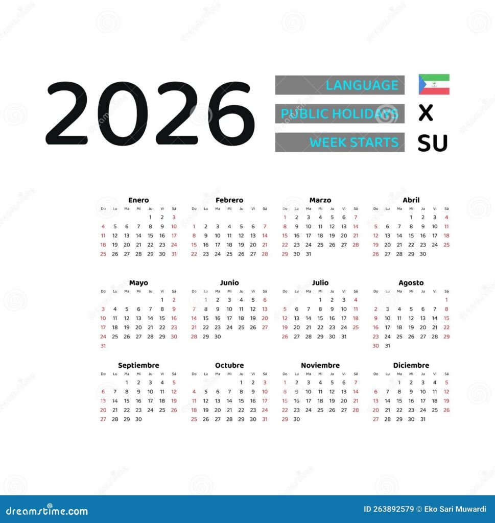 Equatorial Guinea Calendar 2026 Week Starts From Sunday Vector 