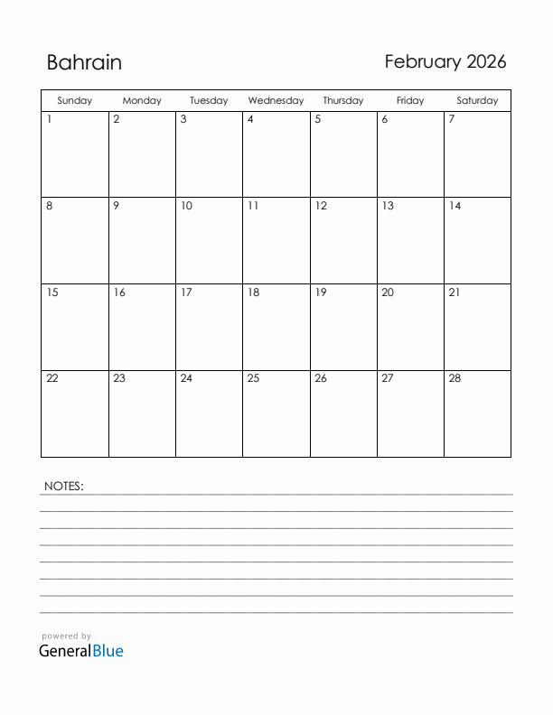 February 2026 Bahrain Calendar With Holidays