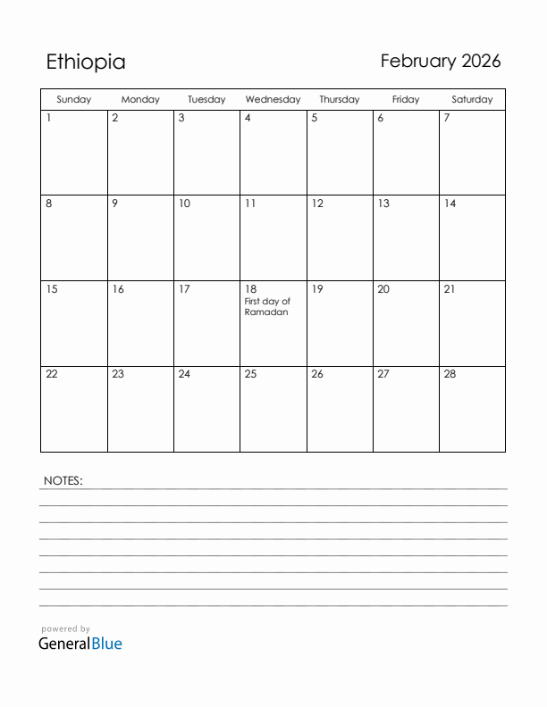 February 2026 Ethiopia Calendar With Holidays