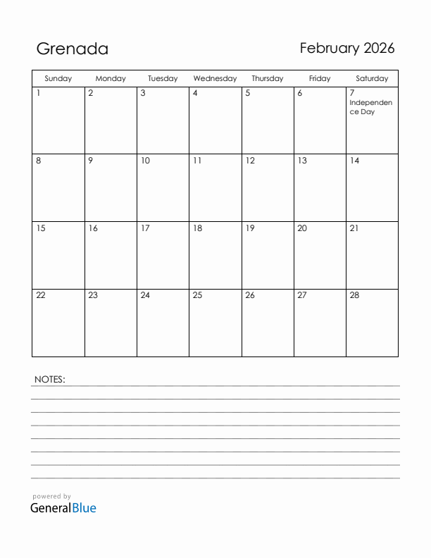 February 2026 Grenada Calendar With Holidays
