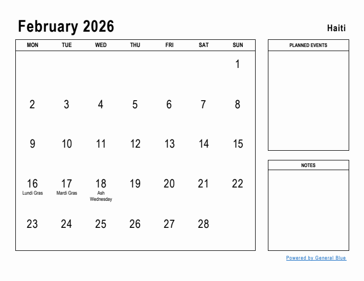 February 2026 Haiti Monthly Calendar With Holidays