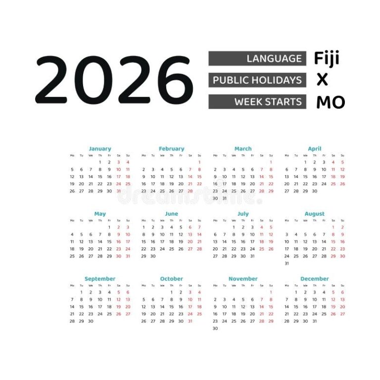 Fiji Calendar 2026 Week Starts From Monday Vector Graphic Design 