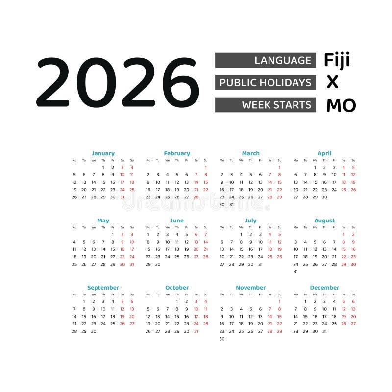 Fiji Calendar 2026 Week Starts From Monday Vector Graphic Design