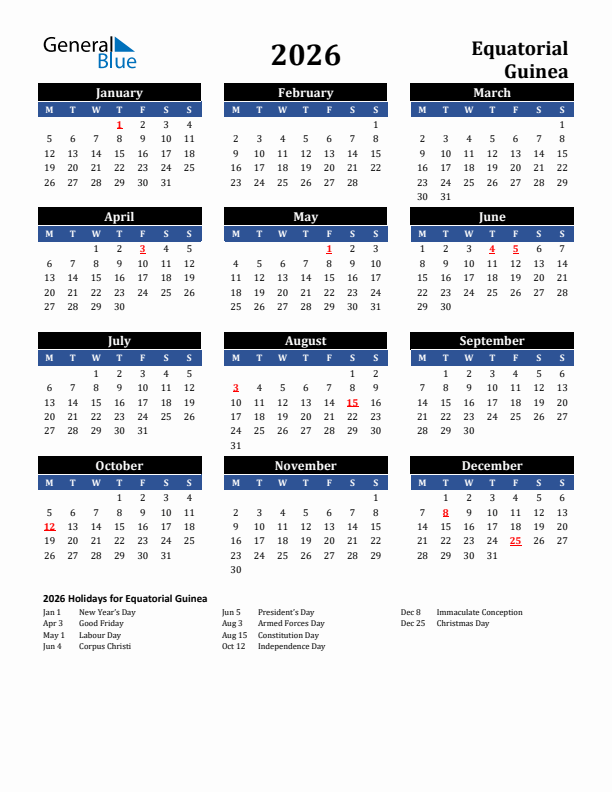 Free Equatorial Guinea Holidays Calendar For Year 2026