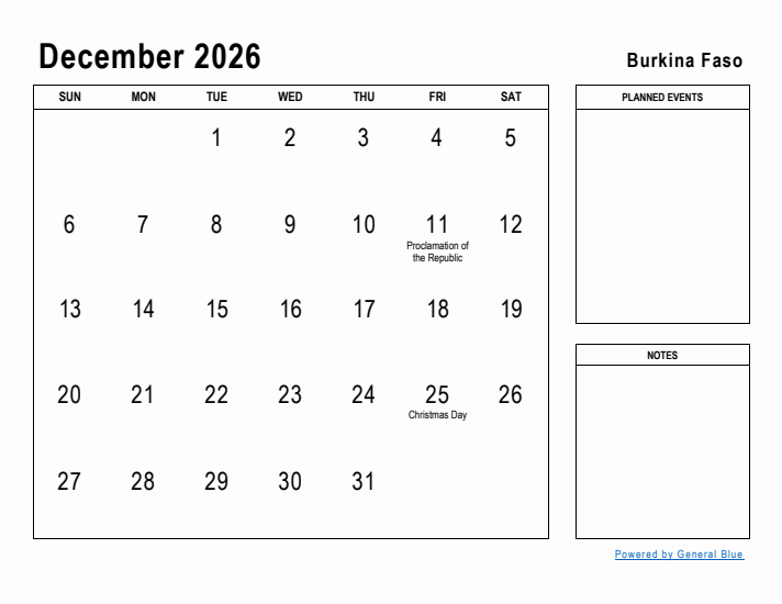 Free Monthly Calendar Template For December 2026 With Burkina Faso Holidays
