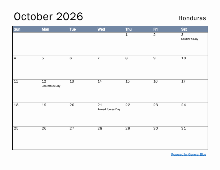Free Monthly Calendar Template For October 2026 With Honduras Holidays