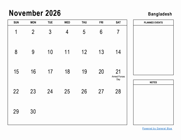 Free November 2026 Bangladesh Calendar