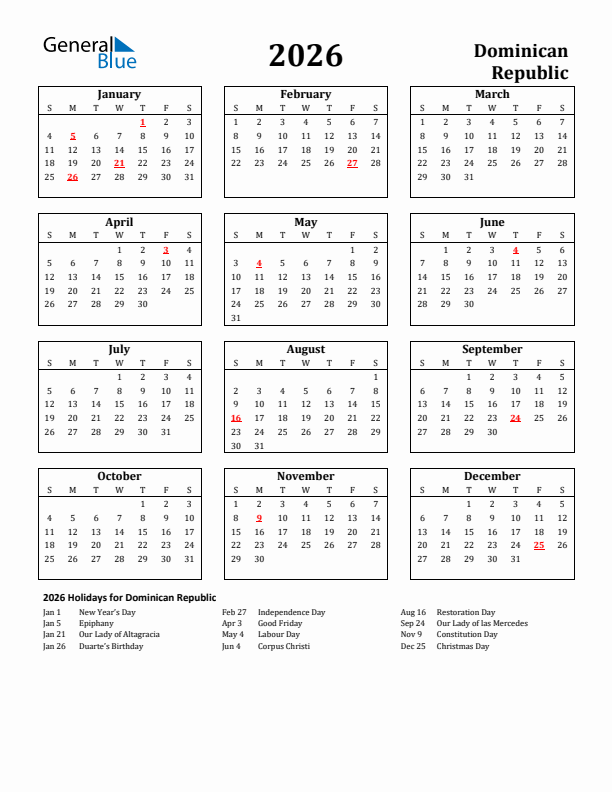 Free Printable 2026 Dominican Republic Holiday Calendar