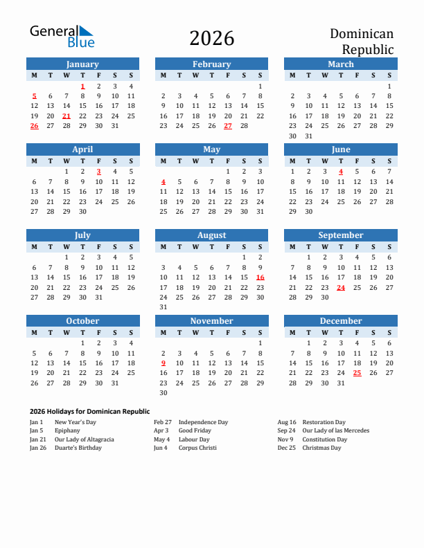 Free Printable 2026 Dominican Republic Holiday Calendar