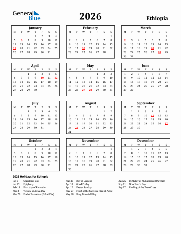 Free Printable 2026 Ethiopia Holiday Calendar
