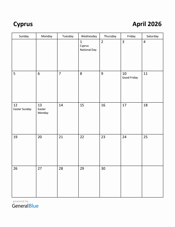 Free Printable April 2026 Calendar For Cyprus