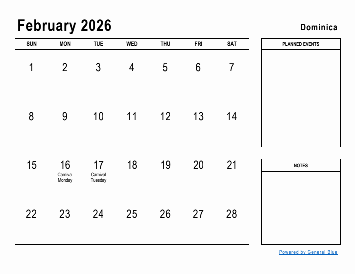 Free Printable February 2026 Calendar For Dominica