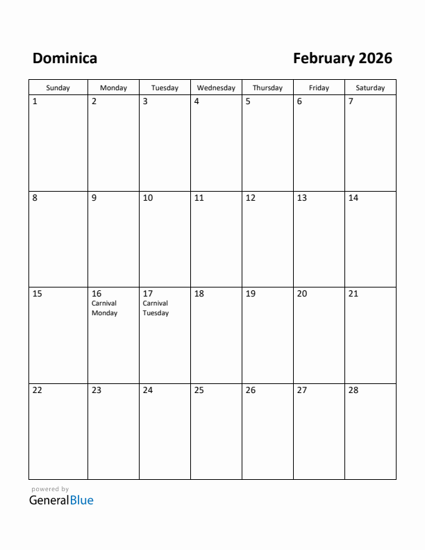 Free Printable February 2026 Calendar For Dominica