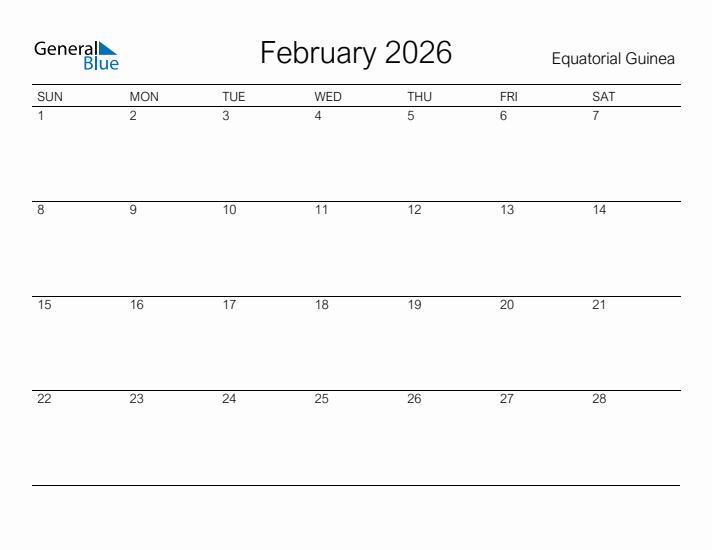 Free Printable February 2026 Calendar For Equatorial Guinea