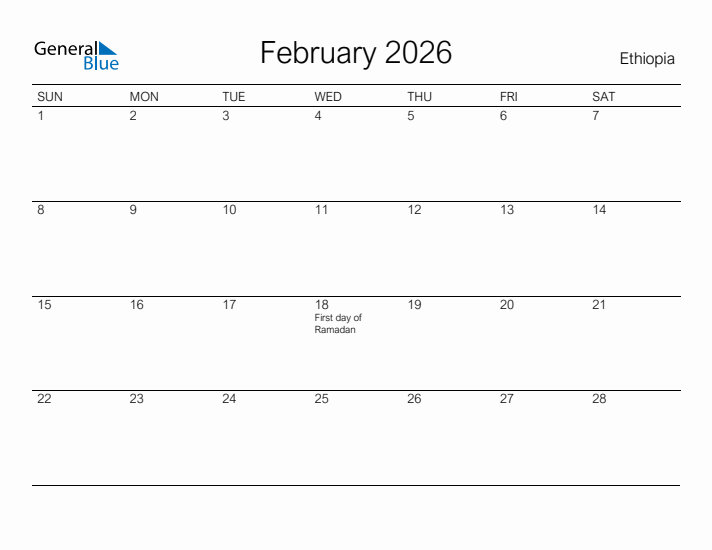Free Printable February 2026 Calendar For Ethiopia