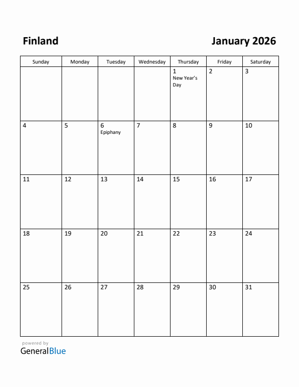 Free Printable January 2026 Calendar For Finland