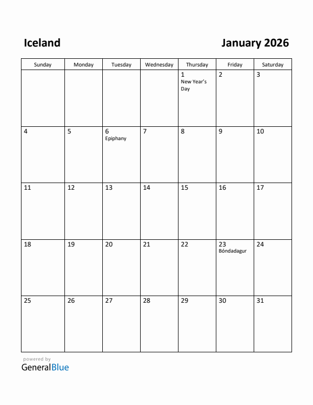 Free Printable January 2026 Calendar For Iceland