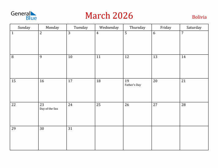 Free Printable March 2026 Calendar For Bolivia