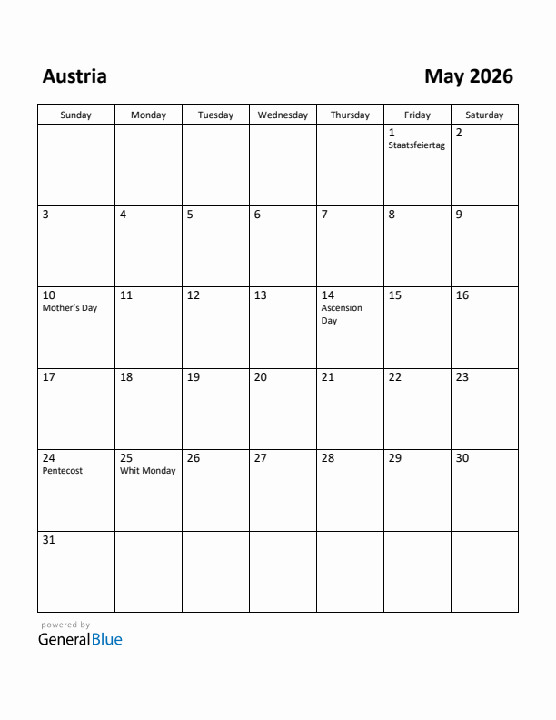 Free Printable May 2026 Calendar For Austria