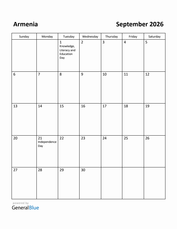 Free Printable September 2026 Calendar For Armenia