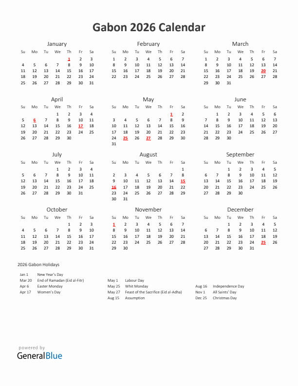 Gabon 2026 Calendar With Holidays