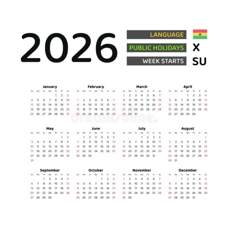 Ghana Calendar 2026 Week Starts From Sunday Vector Graphic Design 
