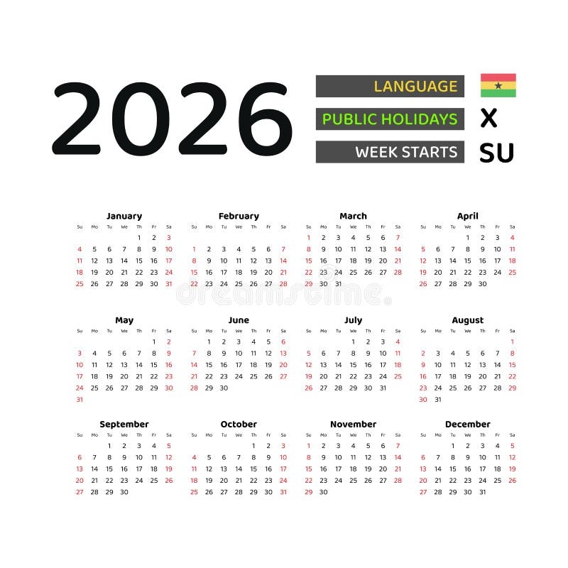 Ghana Calendar 2026 Week Starts From Sunday Vector Graphic Design