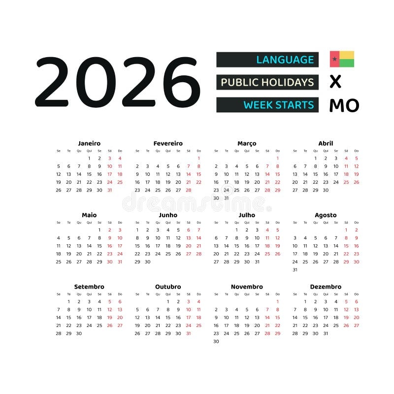 Guinea Bissau Calendar 2026 Week Starts From Monday Vector Graphic 