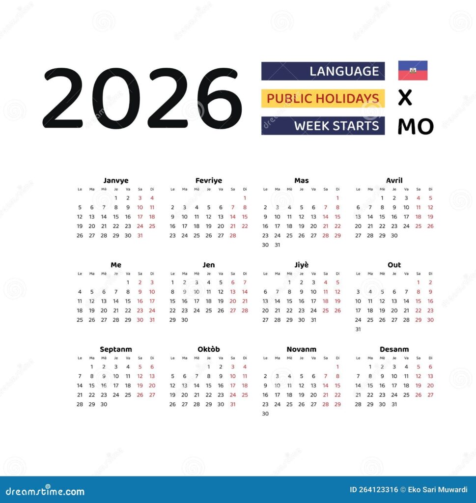 Haiti Calendar 2026 Week Starts From Monday Vector Graphic Design 