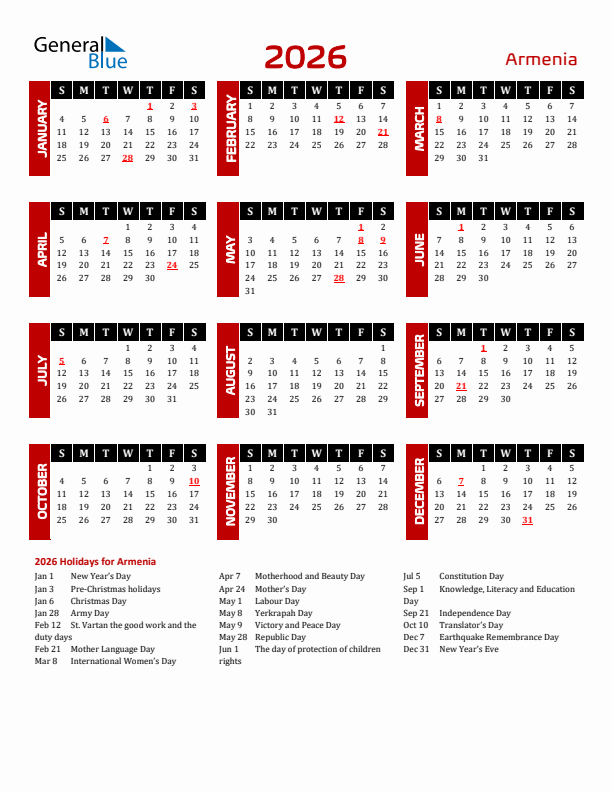 Holiday Calendar 2026 For Armenia Sunday Start 