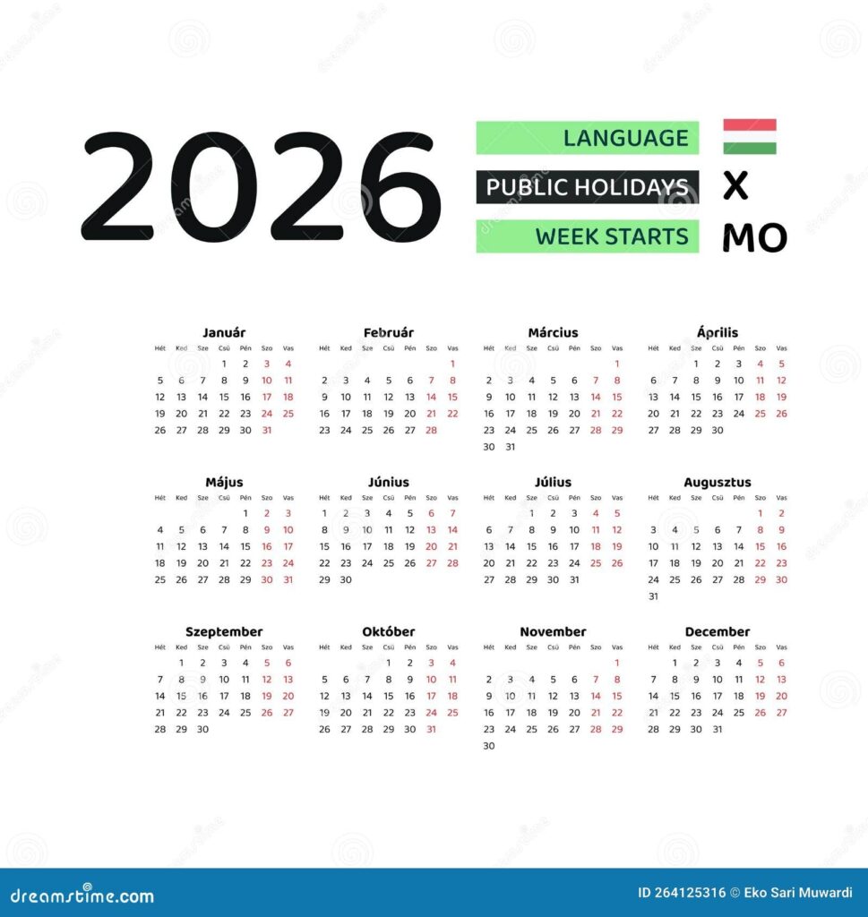 Hungary Calendar 2026 Week Starts From Monday Vector Graphic Design 