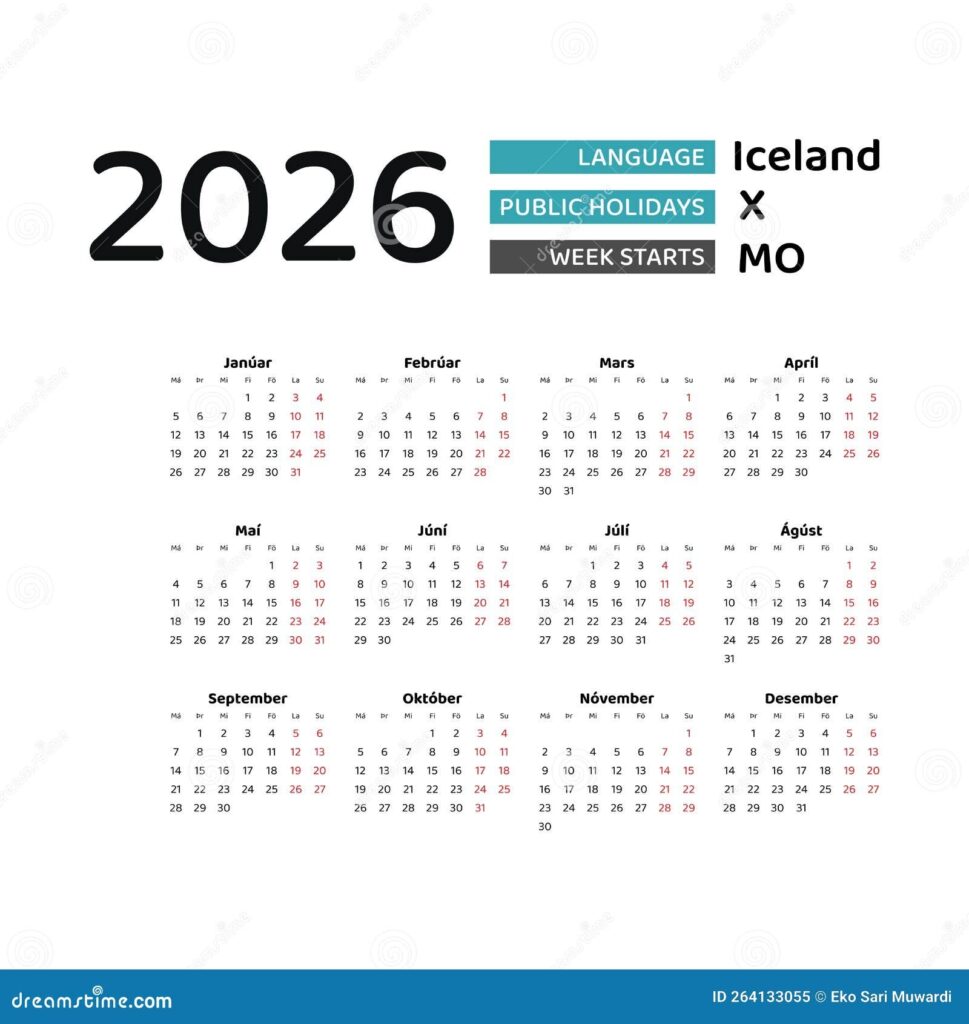 Iceland Calendar 2026 Week Starts From Monday Vector Graphic Design 