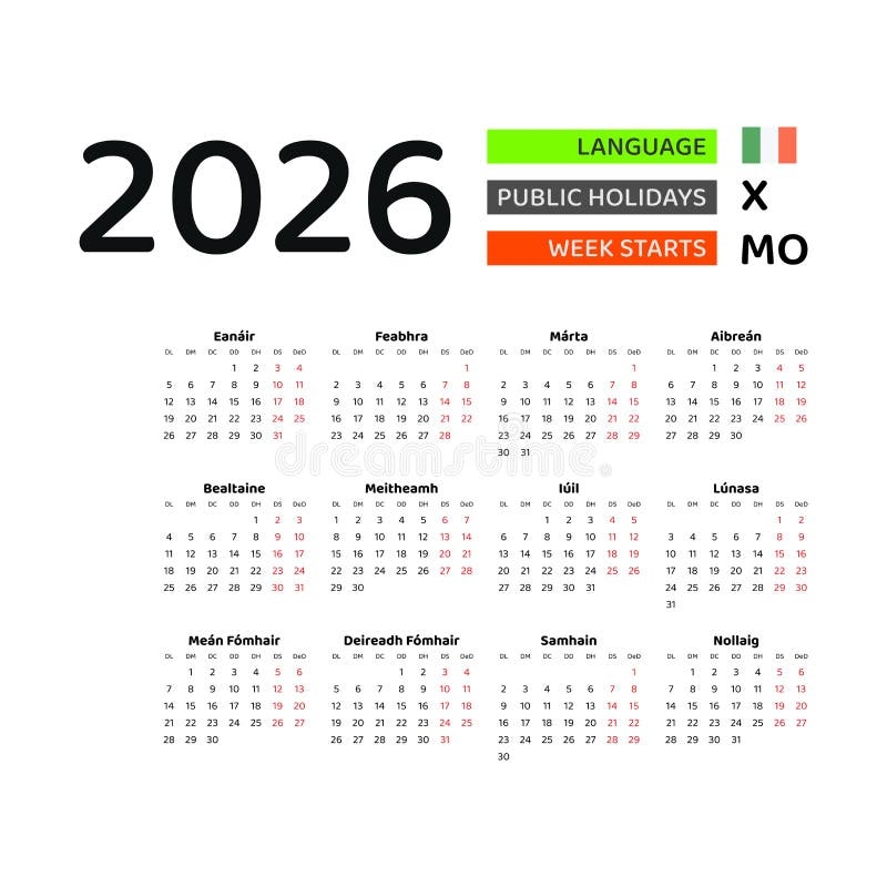Ireland Calendar 2026 Week Starts From Monday Vector Graphic Design 