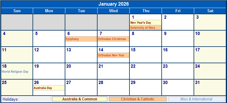 January 2026 Australia Calendar With Holidays For Printing image Format 