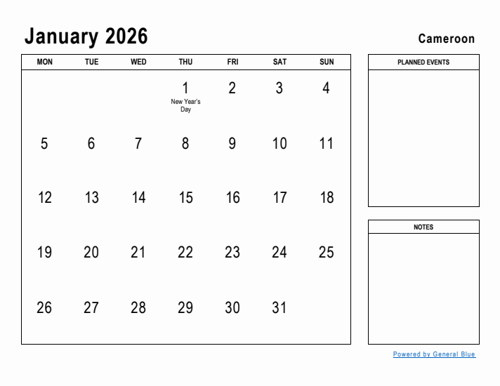 January 2026 Cameroon Monthly Calendar With Holidays