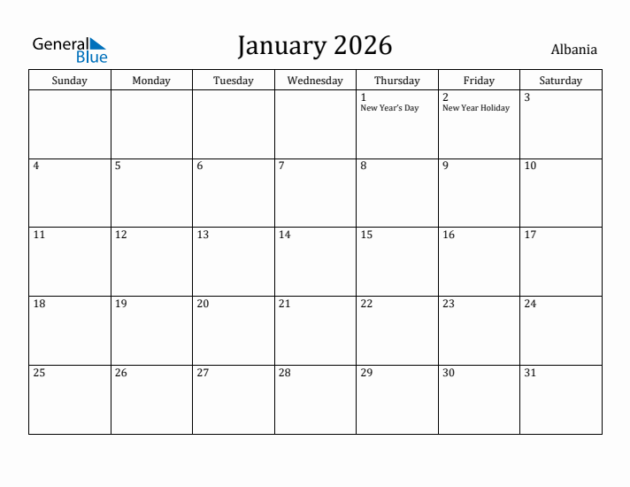 January 2026 Monthly Calendar With Albania Holidays