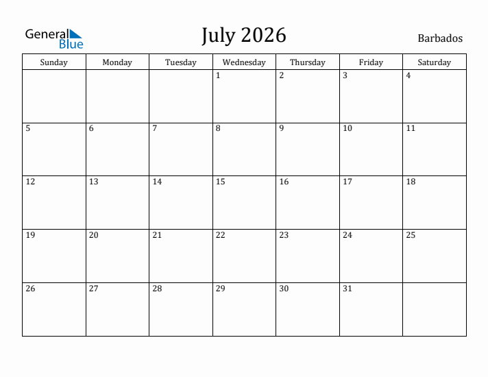 July 2026 Monthly Calendar With Barbados Holidays