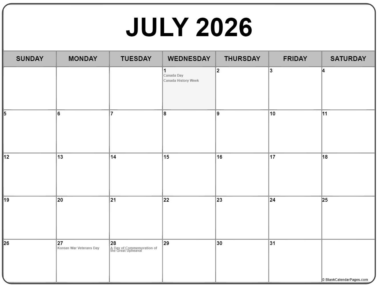 July 2026 With Holidays Calendar
