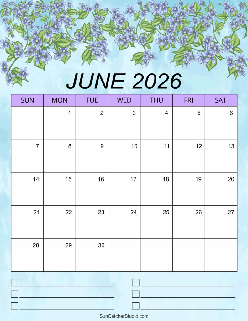 June 2026 Calendar Free Printable DIY Projects Patterns Monograms 